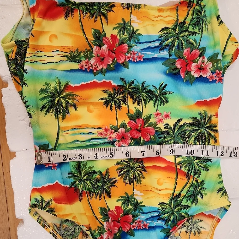 Yellow and Green One Piece Swimwear with Tropical Print and Playful Pom Poms - Picture 6 of 7